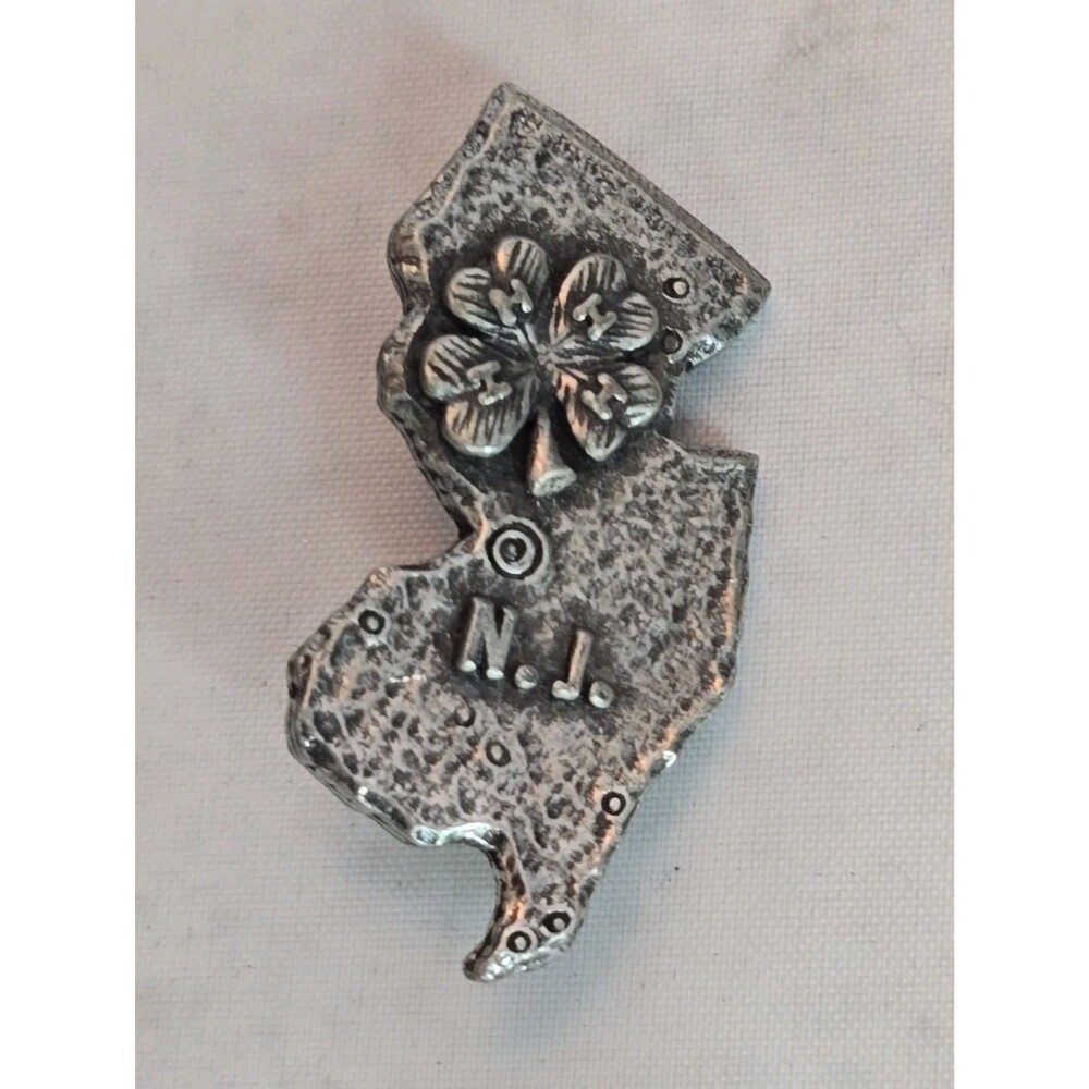 Vintage NJ 4H Clover Brooch New Jersey State Pin Silver Tone Agricultural Youth